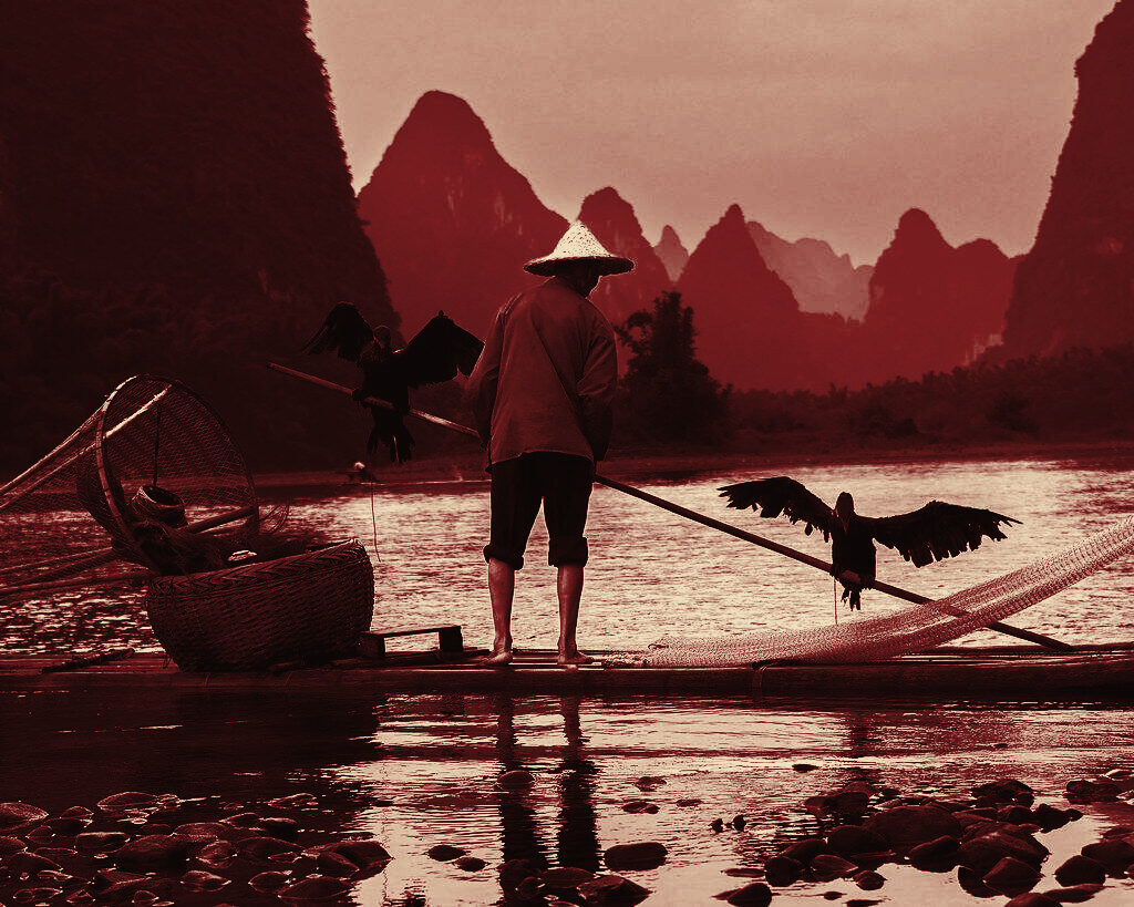 Karst peaks along the Li River near Yangshuo, duotone film still
