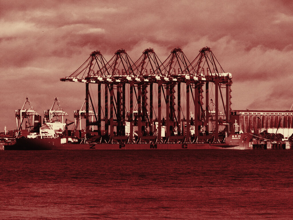 Automated container cranes at Yangshan Deep Water Port, Shanghai, in duotone grade