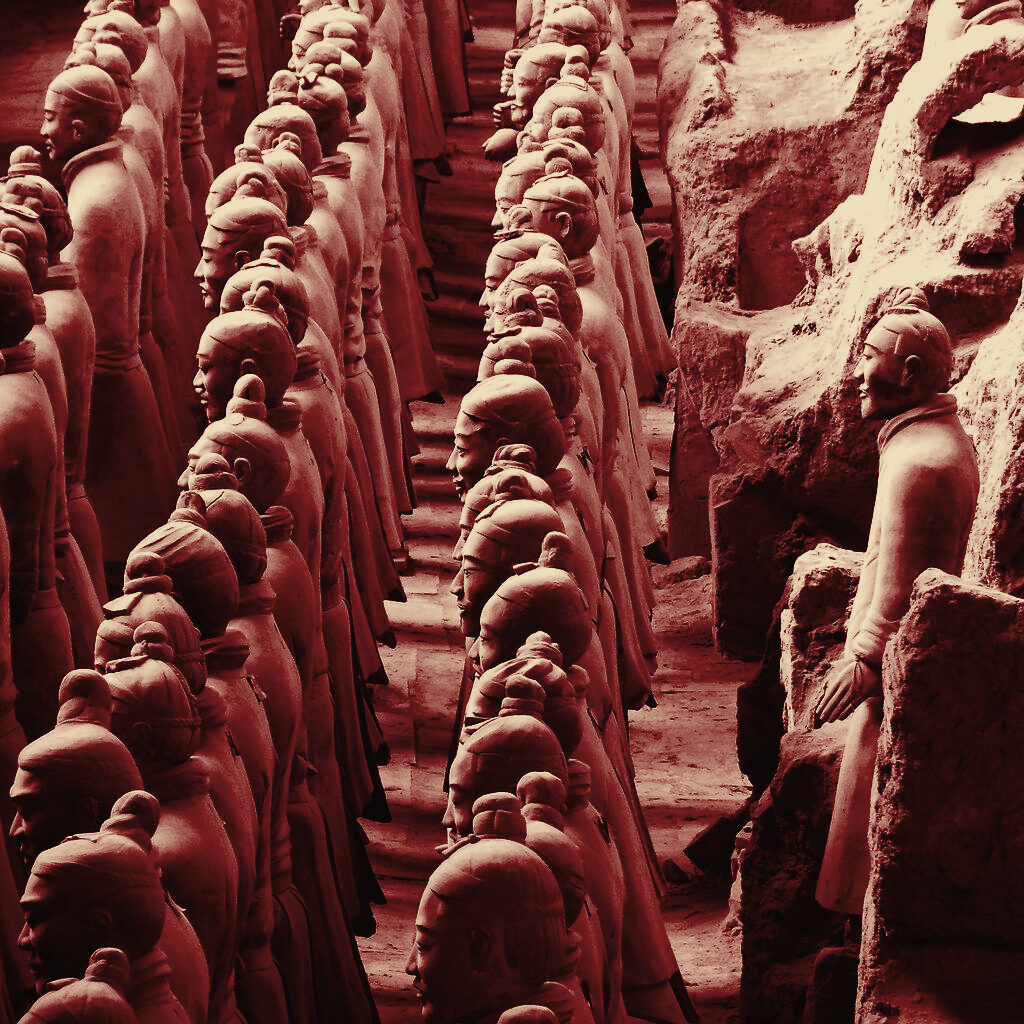 Ranks of terracotta warriors in Pit 1, Xi'an, duotone film still